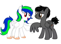 Size: 1024x740 | Tagged: safe, artist:fireblade804, derpibooru import, oc, oc:fireblade, oc:forest flowstone, unofficial characters only, pegasus, pony, best friend, duo, friends, friendship, male, request, simple background, smiling, stallion, transparent background, wing hands, wing shake