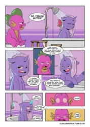 Size: 2894x4093 | Tagged: safe, artist:raph13th, derpibooru import, spike, trixie, dragon, pony, unicorn, comic:glim glam and pals, bathing, bathroom, bathtub, comic, shower