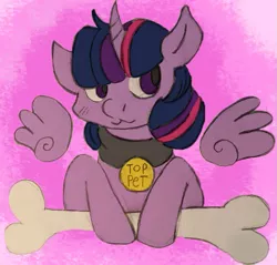 Size: 623x595 | Tagged: safe, artist:mewcifur, derpibooru import, twilight sparkle, twilight sparkle (alicorn), alicorn, pony, behaving like a dog, bone, collar, floating wings, image, pet play, pet tag, pettwi, png, solo