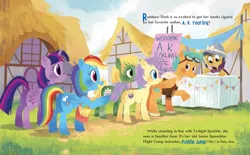 Size: 1740x1080 | Tagged: a.k. yearling, alicorn, artist:zoe persico, daring do, derpibooru import, little golden book, puddle jump, queue, rainbow dash, rainbow dash: reading rainboom, safe, signing, twilight sparkle, twilight sparkle (alicorn)