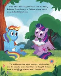 Size: 867x1080 | Tagged: safe, artist:zoe persico, derpibooru import, rainbow dash, twilight sparkle, twilight sparkle (alicorn), alicorn, pony, book, chillaxing, crossed legs, duo, egghead, forest, little golden book, rainbow dash: reading rainboom, reading, tree