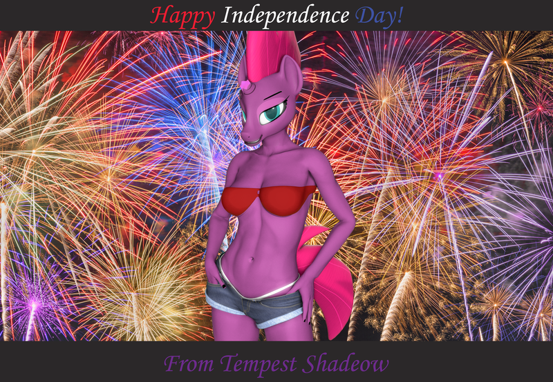 Size: 3840x2660 | Tagged: 3d, american independence day, anthro, artist:helioseusebio, belly button, bikini, bikini top, breasts, broken horn, busty tempest shadow, clothes, daisy dukes, derpibooru import, fireworks, horn, independence day, looking at you, questionable, shorts, smiling, source filmmaker, swimsuit, tempest shadow
