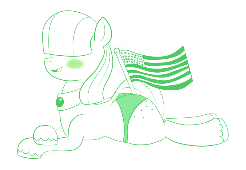 Size: 1600x1105 | Tagged: 4th of july, artist:feralroku, blushing, butt freckles, clothes, derpibooru import, dock, draltha, female, flag, freckles, green underwear, holiday, korfalthut, monochrome, oc, oc:notched opal, original species, panties, prone, simple background, solo, suggestive, underwear, unofficial characters only, unshorn fetlocks, white background