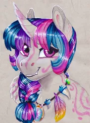 Size: 1200x1650 | Tagged: alicorn, anthro, artist:earthsong9405, curved horn, derpibooru import, female, jewelry, mare, necklace, safe, simple background, smiling, solo, swirly markings, traditional art, tribal, twilight sparkle, twilight sparkle (alicorn)