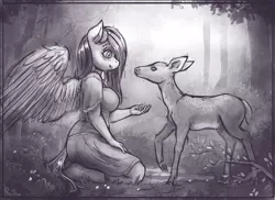 Size: 1900x1385 | Tagged: anthro, artist:bantha, breasts, clothes, cute, deer, derpibooru import, dress, duo, fawn, feeding, female, fluttershy, grayscale, kindness, kneeling, looking at each other, monochrome, profile, safe, spread wings, wings