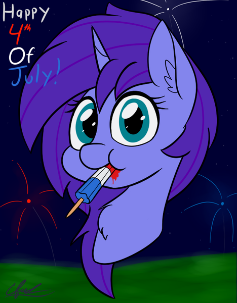 Size: 599x768 | Tagged: safe, artist:seafooddinner, derpibooru import, oc, oc:seafood dinner, unofficial characters only, unicorn, 4th of july, american independence day, bust, cute, eating, female, fireworks, food, holiday, independence day, mare, night, popsicle