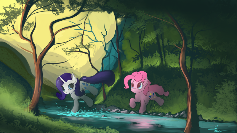 Size: 4789x2700 | Tagged: safe, artist:auroriia, derpibooru import, pinkie pie, rarity, bird, earth pony, pony, unicorn, canterlot, duo, female, mare, river, scenery, stream, tree