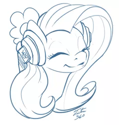 Size: 900x942 | Tagged: safe, artist:tsitra360, derpibooru import, fluttershy, pony, bust, eyes closed, headphones, monochrome, solo