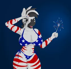 Size: 1300x1250 | Tagged: safe, artist:stray prey, derpibooru import, oc, unofficial characters only, anthro, zebra, 4th of july, armpits, big breasts, bikini, bodypaint, breasts, cleavage, clothes, fireworks, flag bikini, gradient background, holiday, murica, nail polish, paint, paint on fur, salute, swimsuit, zebra oc