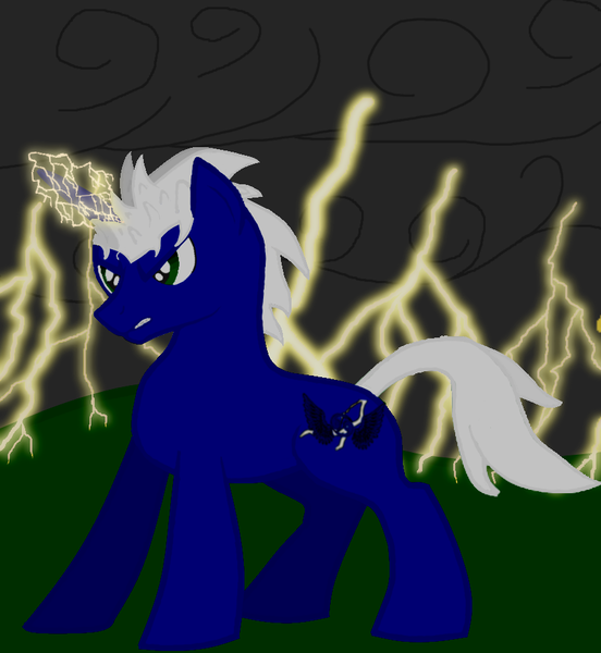 Size: 858x932 | Tagged: safe, artist:crystic, derpibooru import, oc, oc:regal thunder, unicorn, angry, cutie mark, grasss field, male, solo, sparking horn, stormcloud, thunder bolt, wings, zodiac sign