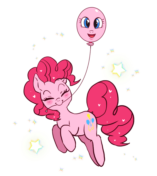 Size: 960x1077 | Tagged: safe, artist:hosikawa, derpibooru import, pinkie pie, earth pony, pony, balloon, blushing, cute, diapinkes, eyes closed, female, jumping, mare, mouth hold, pinkie being pinkie, smiling, solo, stars