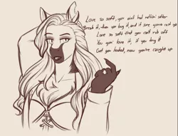 Size: 770x588 | Tagged: anthro, anthro oc, arm behind head, artist:blackblood-queen, beckoning, breasts, clothes, derpibooru import, dracony, fangs, female, hybrid, kelly clarkson, love so soft, mare, monochrome, mother, oc, oc:lady lovegreen, ring, safe, simple background, singing, sketch, solo, torn ear, unofficial characters only