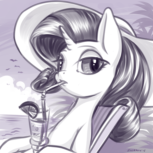 Size: 900x900 | Tagged: safe, artist:kovoranu, derpibooru import, rarity, bird, pony, unicorn, beach, chair, drink, drinking straw, female, food, grayscale, hat, lemon, looking at you, mare, monochrome, signature, solo