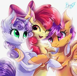 Size: 2930x2861 | Tagged: safe, artist:alexbluebird, derpibooru import, apple bloom, scootaloo, sweetie belle, earth pony, pegasus, pony, unicorn, best friends, bow, chest fluff, colored hooves, cute, cutie mark crusaders, cutie mark cuties, ear fluff, eye clipping through hair, fluffy, hair bow, high res, hug, looking at each other, open mouth, signature, simple background, smiling, trio, white background