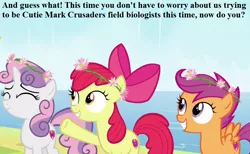 Size: 832x512 | Tagged: adorabloom, apple bloom, bow, campfire tales, captain obvious, cropped, cute, cutealoo, cutie mark, cutie mark crusaders, department of redundancy department, derpibooru import, diasweetes, edit, edited screencap, flower, flower in hair, grammar error, hair bow, safe, scootaloo, screencap, sweetie belle, text, the cmc's cutie marks, waterfall