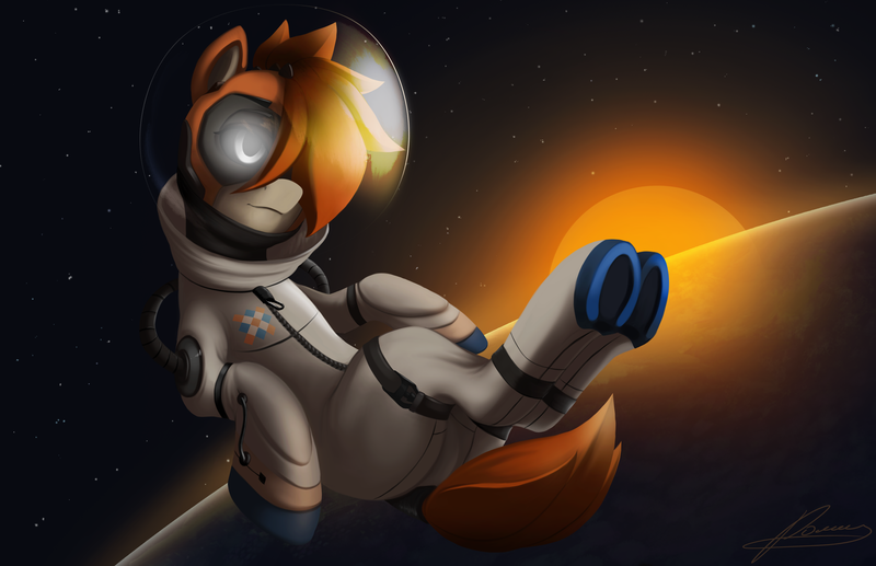 Size: 5680x3673 | Tagged: safe, artist:tee_mit_milch, artist:xxcrazzzyxx, derpibooru import, oc, oc:kiva, ponified, unofficial characters only, pony, robot, robot pony, absurd resolution, astronaut, female, floating, glowing eyes, hair over one eye, lidded eyes, mare, planet, solo, space, space background, spacesuit, starry sky, sun, underhoof, ych result, zero gravity, zipper