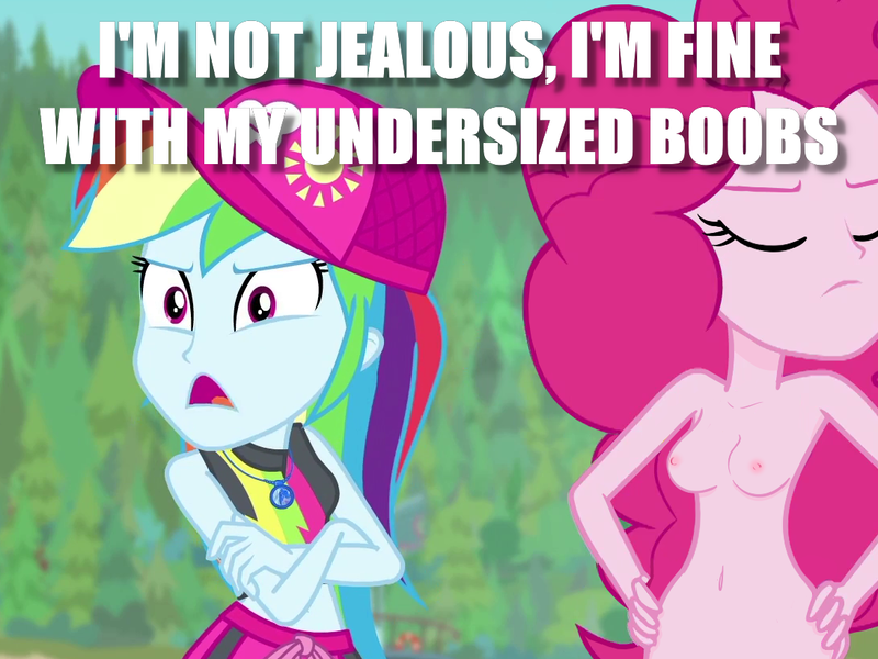 Size: 1095x821 | Tagged: questionable, derpibooru import, edit, edited screencap, editor:aisuroma, screencap, pinkie pie, rainbow dash, equestria girls, equestria girls series, forgotten friendship, blatant lies, breast envy, breasts, casual nudity, clothed female nude female, delicious flat chest, female, image macro, jealous, meme, nipples, nude edit, nudity, practitioner of naturism, rainbow flat, tsunderainbow, tsundere