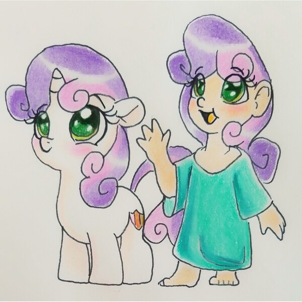 Size: 1003x1003 | Tagged: safe, artist:frootytoots, derpibooru import, sweetie belle, human, pony, unicorn, barefoot, blushing, colored pupils, cute, daaaaaaaaaaaw, diasweetes, feet, female, filly, human ponidox, humanized, self ponidox, weapons-grade cute