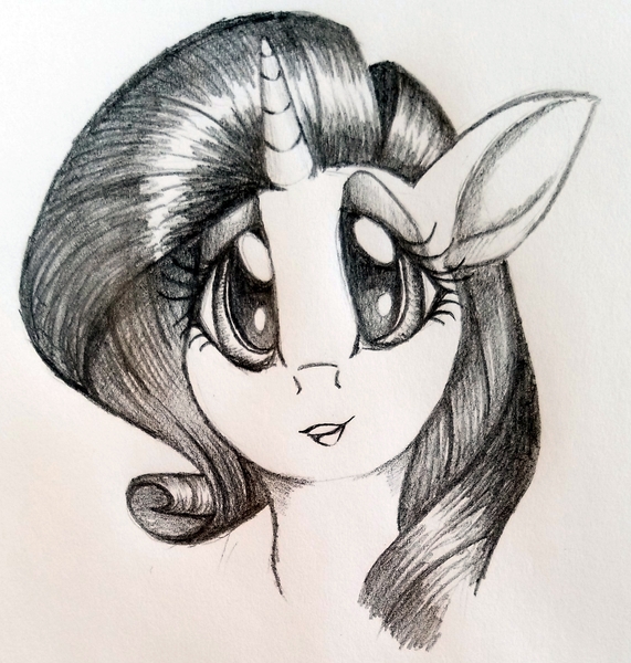 Size: 1295x1360 | Tagged: safe, artist:frootytoots, derpibooru import, rarity, pony, unicorn, bust, female, mare, monochrome, pencil drawing, solo, traditional art