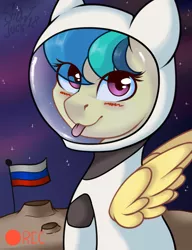 Size: 1181x1535 | Tagged: safe, artist:shadowreindeer, derpibooru import, oc, oc:apogee, pegasus, pony, astronaut, blushing, camera shot, female, flag, looking at you, mare, moon, recording, russia, russian flag, solo, space, spacesuit, tongue out
