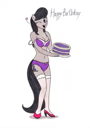 Size: 2463x3488 | Tagged: anthro, artist:killerteddybear94, belly button, birthday cake, bra, breasts, busty octavia, cake, clothes, cutie mark, derpibooru import, food, frilly underwear, heart, high heels, lingerie, octavia melody, off shoulder, one eye closed, open mouth, panties, purple underwear, ribbon, sexy, shoes, smiling, stockings, stupid sexy octavia, suggestive, thigh highs, traditional art, underwear, wink