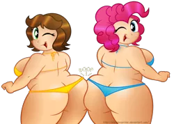 Size: 1280x913 | Tagged: artist:aleximusprime, ass, bbw, big breasts, bikini, breasts, busty pinkie pie, chubby, clothes, curvy, derpibooru import, fat, huge butt, human, humanized, humanized oc, large butt, oc, oc:emi, oc:emi hartman, oc:emi the bunny girl, one eye closed, pinkie pie, pinkie thighs, pudgy pie, sideboob, simple background, suggestive, swimsuit, thunder thighs, transparent background, wide hips, wink