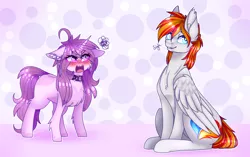 Size: 4442x2788 | Tagged: safe, artist:honeybbear, derpibooru import, oc, oc:heartfire, oc:mochi, unofficial characters only, pegasus, pony, unicorn, abstract background, blushing, female, male, mare, sitting, stallion