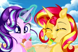 Size: 4500x3000 | Tagged: safe, artist:saralien, derpibooru import, starlight glimmer, sunset shimmer, pony, unicorn, beach, bust, cherry, cute, duo, eating, eyes closed, female, food, glimmerbetes, glowing horn, heart eyes, ice cream, magic, mare, popsicle, portrait, shimmerbetes, smiling, sun, telekinesis, wingding eyes