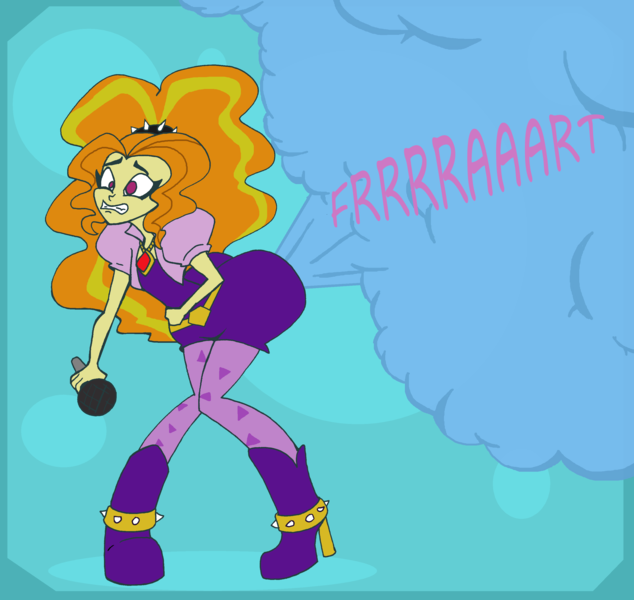 Size: 3000x2839 | Tagged: safe, artist:da-fuze, derpibooru import, adagio dazzle, equestria girls, awkward, awkward pose, cross-eyed, embarrassed, fart, fart noise, hand on stomach, microphone, onomatopoeia, solo, sound effects