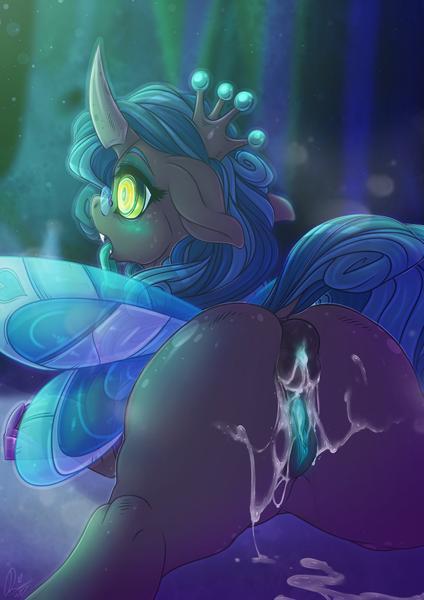 Size: 2474x3500 | Tagged: explicit, artist:dimwitdog, derpibooru import, queen chrysalis, changeling, pony, aftersex, anus, clitoral hood, creampie, cum, cum on ass, cum version, dock, female, glowing genitals, human vagina on changeling, hypnosis, hypnotized, image, labia, nudity, png, ponut, presenting, reversalis, solo, solo female, technicolor genitals, tongue out, vulva