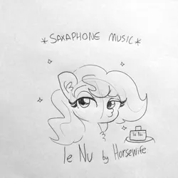 Size: 1440x1440 | Tagged: safe, artist:tjpones, derpibooru import, oc, oc:brownie bun, unofficial characters only, earth pony, pony, horse wife, black and white, brownie bun without her pearls, chest fluff, descriptive noise, duckface, ear fluff, female, grayscale, lineart, mare, misspelling, monochrome, perfume, solo, traditional art