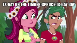 Size: 960x540 | Tagged: suggestive, derpibooru import, edit, edited screencap, screencap, gloriosa daisy, timber spruce, equestria girls, legend of everfree, gay, image macro, male, meme, pig latin