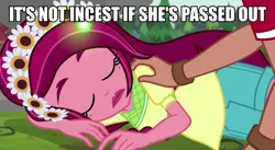 Size: 960x525 | Tagged: suggestive, derpibooru import, edit, edited screencap, screencap, gloriosa daisy, timber spruce, equestria girls, legend of everfree, image macro, imminent rape, imminent sex, insane troll logic, logical fallacy, meme, sleeping, this will end in incest, this will end in jail time