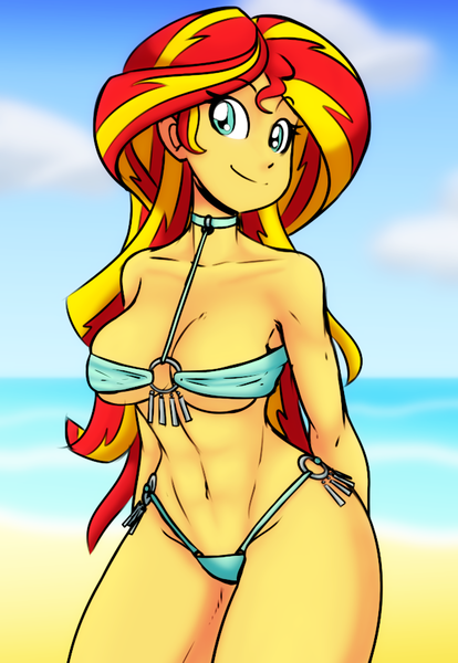 Size: 623x902 | Tagged: suggestive, artist:reiduran, color edit, colorist:ironhades, derpibooru import, edit, sunset shimmer, human, equestria girls, absolute cleavage, beach, beach babe, beautiful, belly button, big breasts, bikini, bikini babe, blue swimsuit, breasts, busty sunset shimmer, choker, cleavage, clothes, collar, colored, female, hips, jeweled swimsuit, looking at you, o-ring swimsuit, sexy, smiling, solo, solo female, stupid sexy sunset shimmer, swimsuit, thighs, thong swimsuit, underboob