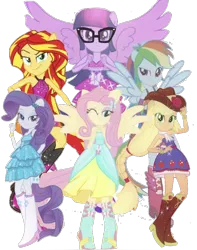 Size: 702x892 | Tagged: safe, artist:superbobiann, derpibooru import, edit, edited edit, editor:superbobiann, applejack, fluttershy, rainbow dash, rarity, sunset shimmer, twilight sparkle, twilight sparkle (alicorn), alicorn, equestria girls, fall formal outfits, glasses, i can't believe it's not sci-twi, ponied up, simple background, transparent background, twilight's professional glasses