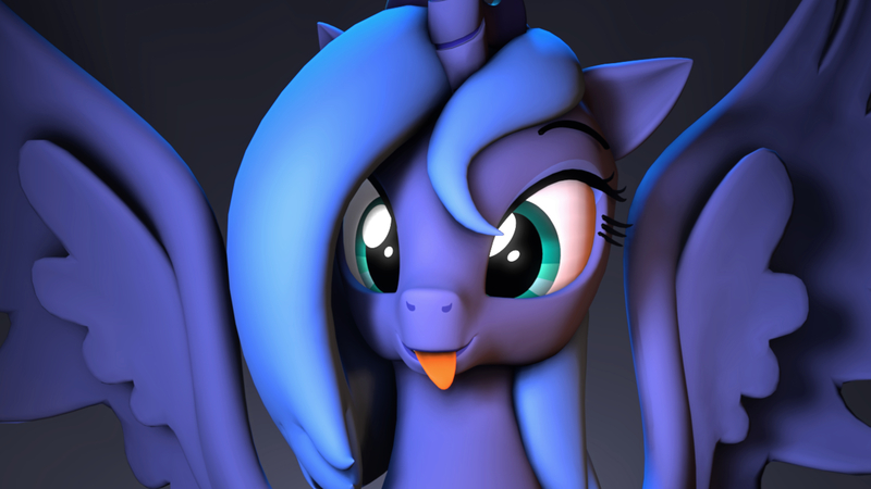 Size: 4088x2300 | Tagged: safe, artist:flushthebatsanta, derpibooru import, princess luna, alicorn, pony, 3d, :p, cute, digital art, female, looking at you, lunabetes, mare, s1 luna, silly, silly pony, simple background, solo, source filmmaker, tongue out