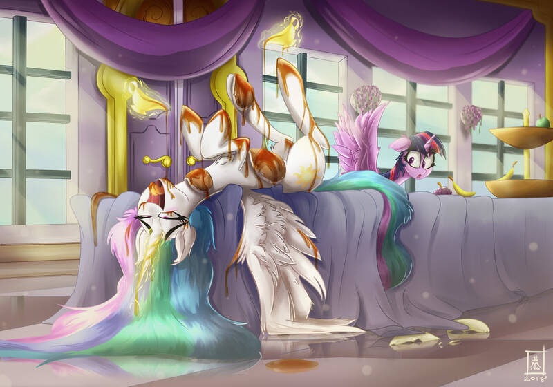 Size: 5000x3500 | Tagged: suggestive, artist:wildetrashbag, derpibooru import, princess celestia, twilight sparkle, twilight sparkle (alicorn), alicorn, pony, ahegao, breakfast is ruined, chest fluff, crepuscular rays, drool, ear fluff, female, fetish, floppy ears, fluffy, food, food fetish, foodplay, fruit, i'm pancake, implied fetish, leg fluff, legs in air, levitation, magic, majestic as fuck, mare, messy, messy mane, on back, open mouth, pancakes, pouring, smiling, spread wings, sticky, syrup, table, telekinesis, tongue out, wat, wide eyes, window, wing fluff, wingboner, wings