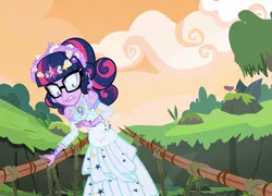Size: 1000x720 | Tagged: safe, artist:pixelkitties, derpibooru import, sci-twi, twilight sparkle, human, equestria girls, alternate hairstyle, beads, bracelet, clothes, dress, element of magic, flower, glasses, indiana jones and the temple of doom, jewel, jewelry, necklace, wreath