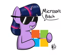 Size: 700x600 | Tagged: safe, artist:nesdoesart, derpibooru import, twilight sparkle, pony, female, mare, microsoft, signature, simple background, solo, speech bubble, sunglasses, swearing, vulgar, white background