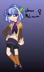 Size: 487x794 | Tagged: artist:eppyminecart, blue background, clothes, derpibooru import, female, gradient background, headband, high heels, human, humanized, humanized oc, icey-verse, magical lesbian spawn, necktie, next generation, oc, oc:choco molomare, offspring, parent:coco pommel, parents:cocopolo, parent:suri polomare, safe, shirt, shoes, shorts, side slit, simple background, skirt, socks, solo, unofficial characters only
