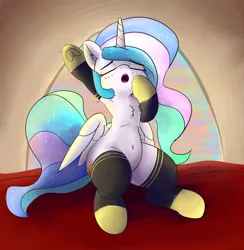 Size: 4324x4437 | Tagged: safe, artist:greyscaleart, artist:pabbley, color edit, derpibooru import, edit, princess celestia, alicorn, pony, absurd resolution, armpits, belly button, blushing, clothes, colored, cute, cutelestia, female, mare, smol, socks, solo, yawn