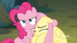 Size: 1920x1080 | Tagged: safe, derpibooru import, edit, edited screencap, screencap, fluttershy, pinkie pie, earth pony, pegasus, pony, the mean 6, angry, comforting, crying, glare, protecting, unamused, when she doesn't smile