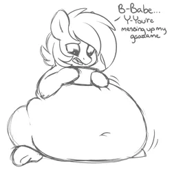 Size: 2000x2000 | Tagged: suggestive, artist:mulberrytarthorse, derpibooru import, oc, oc:huckleberry bleu, unofficial characters only, earth pony, pony, belly, dialogue, endosoma, fetish, impossibly large belly, solo, switch, video game, vore, willing vore