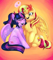 Size: 5008x5699 | Tagged: safe, artist:nichroniclesvsart, derpibooru import, sci-twi, sunset shimmer, twilight sparkle, twilight sparkle (alicorn), ponified, alicorn, pony, series:princess sciset, absurd resolution, alicornified, equestria girls ponified, female, glasses, heart, lesbian, race swap, scitwilicorn, scitwishimmer, shimmercorn, shipping, sunsetsparkle