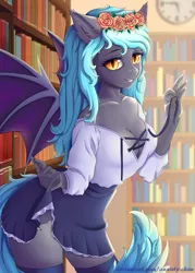 Size: 2400x3350 | Tagged: suggestive, alternate version, artist:anxiety-chan, derpibooru import, oc, oc:moon bloom, unofficial characters only, anthro, bat pony, anthro oc, bat pony oc, beautiful, book, bookshelf, breasts, clock, clothes, cute, female, floral head wreath, flower, flower in hair, library, looking at you, miniskirt, moe, skirt, skirt lift, skirt pull, socks, solo, thigh highs, ych result