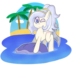 Size: 2200x2000 | Tagged: artist:b-cacto, beach, clam, crystal pony, derpibooru import, giant clam, jewelry, looking at you, oc, oc:opalescent pearl, one eye closed, palm tree, remastered, safe, simple background, solo, transparent background, tree, unofficial characters only, water, wink