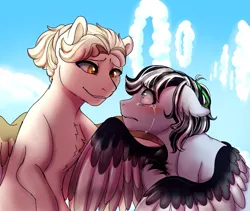Size: 941x796 | Tagged: safe, artist:miamaha, derpibooru import, oc, oc:monochrome, oc:skychaser, unofficial characters only, pegasus, pony, androgynous, cloud, crying, magical lesbian spawn, male, next generation, nonbinary, offspring, parent:daring do, parent:dumbbell, parent:lightning dust, parent:rainbow dash, parents:daringdash, parents:lightningbell, sad, smiling, stallion