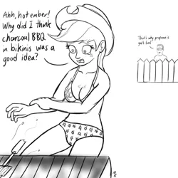 Size: 1280x1280 | Tagged: safe, artist:mkogwheel, derpibooru import, applejack, human, barbeque, bikini, chest freckles, clothes, duo, fail, female, fence, flag bikini, food, freckles, hank hill, humanized, injured, king of the hill, monochrome, ouch, reality ensues, solo, swimsuit