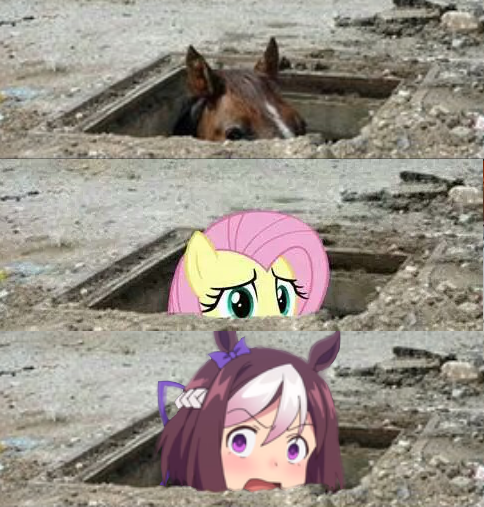 Size: 484x507 | Tagged: safe, derpibooru import, edit, fluttershy, horse, pegasus, pony, manhole, marehole, special week, uma musume pretty derby