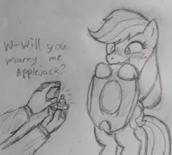 Size: 834x751 | Tagged: safe, artist:kabayo, derpibooru import, applejack, oc, oc:anon, earth pony, human, pony, blushing, cowboy hat, freckles, happy, hat, marriage proposal, pencil drawing, ring, stetson, traditional art